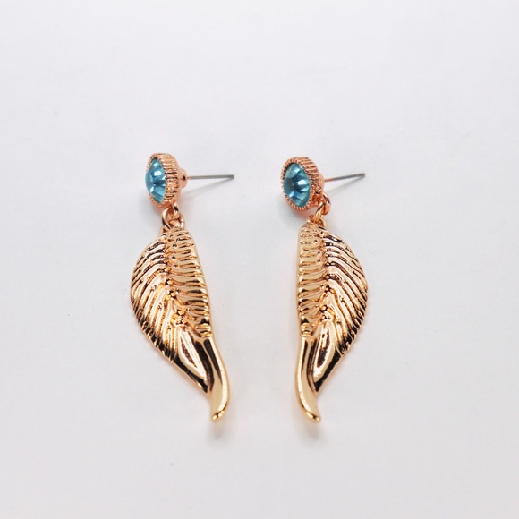 Rose Gold Angel Wings Feathers Turquoise Blue Crystal Dangle Drop Earrings - Picture 2 of 3